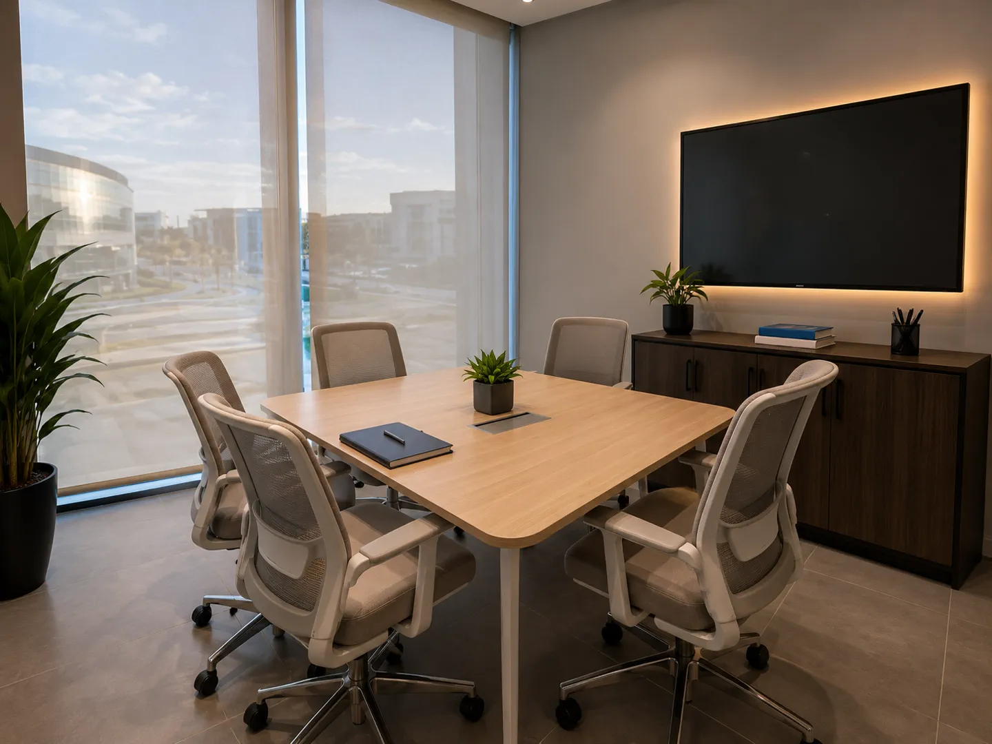 Modern KenKo meeting room with a city view